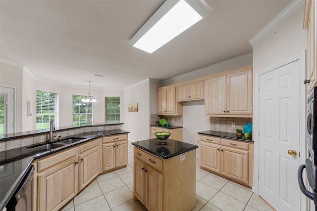 2403 Berry Grove Ct, Melissa, TX 75454 - kitchen featuring light brown cabinetry, dishwasher, tasteful backsplash, light tile patterned flooring, and ornamental molding