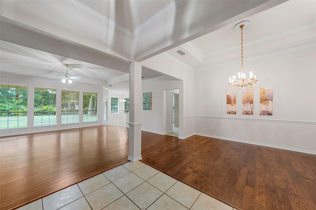 2403 Berry Grove Ct, Melissa, TX 75454 - unfurnished room featuring a ceiling fan, light wood finished floors, a chandelier, and ornamental molding