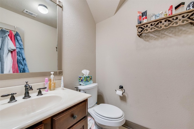 206 Hidden Meadow Cir, Midlothian, TX 76065 - half bath featuring vanity, lofted ceiling, and a textured wall