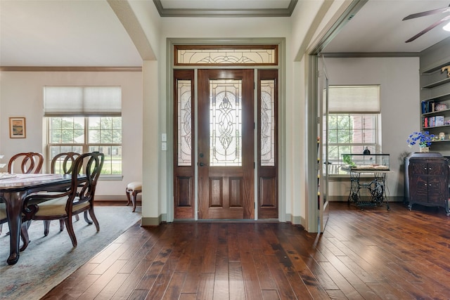 206 Hidden Meadow Cir, Midlothian, TX 76065 - entryway featuring dark wood finished floors, ceiling fan, and ornamental molding