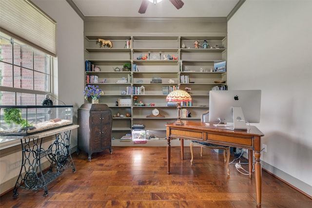 206 Hidden Meadow Cir, Midlothian, TX 76065 - office space with crown molding, hardwood / wood-style floors, and a ceiling fan