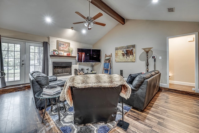 211 Willow Creek Ct, Mansfield, TX 76063 - living room with wood finished floors, a ceiling fan, a large fireplace, and recessed lighting