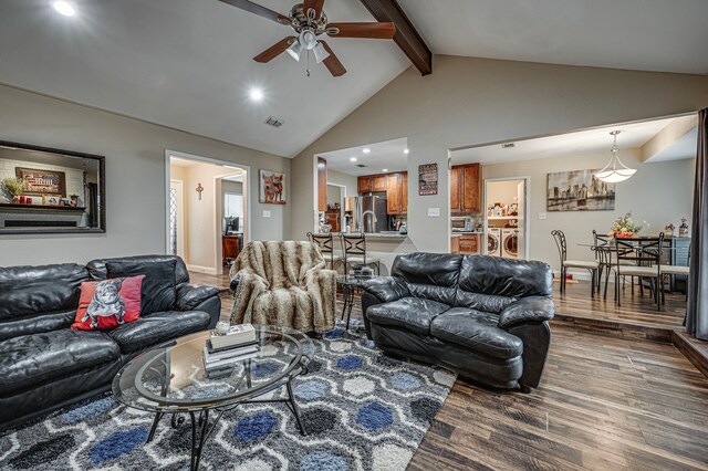 211 Willow Creek Ct, Mansfield, TX 76063 - living room featuring ceiling fan, dark wood-style floors, beam ceiling, recessed lighting, and washing machine and dryer