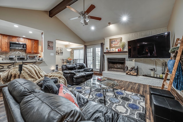 211 Willow Creek Ct, Mansfield, TX 76063 - living area featuring wood finished floors, a ceiling fan, recessed lighting, and a fireplace