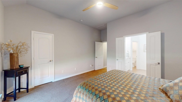751 Kirby Dr, Argyle, TX 76226 - bedroom with carpet floors, vaulted ceiling, ensuite bathroom, and ceiling fan