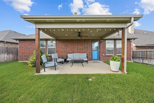 2316 Cavalry Dr, Fort Worth, TX 76177 - fenced backyard with a ceiling fan, a patio area, and an outdoor hangout area