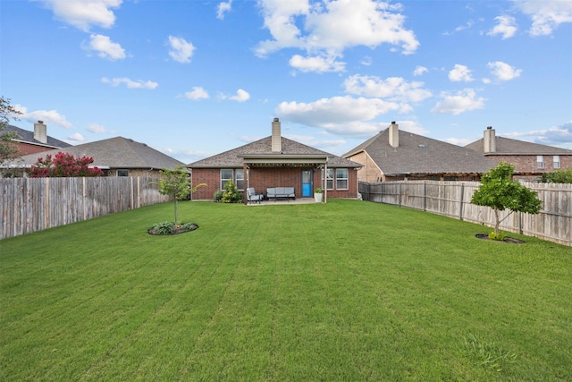 2316 Cavalry Dr, Fort Worth, TX 76177 - back of house with brick siding, a fenced backyard, a patio, and a chimney
