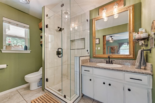 4204 Shipley Ct, Benbrook, TX 76116 - bathroom with vanity, a stall shower, tile patterned floors, and ceiling fan