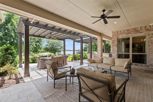 229 Lakeside Dr, Malakoff, TX 75148 - view of patio with outdoor lounge area, a ceiling fan, a pergola, a water view, and outdoor dining space