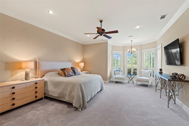 229 Lakeside Dr, Malakoff, TX 75148 - bedroom featuring carpet flooring, a chandelier, recessed lighting, crown molding, and a ceiling fan