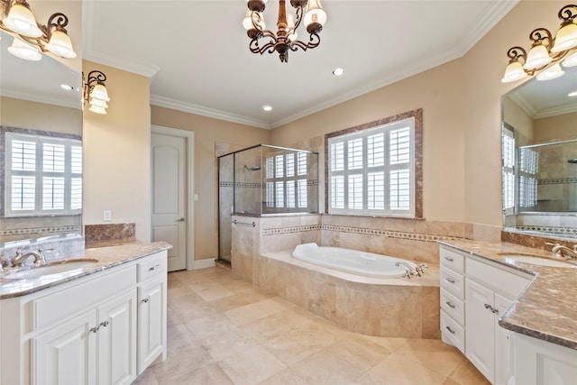 229 Lakeside Dr, Malakoff, TX 75148 - full bathroom featuring a shower stall, a bath, two vanities, a chandelier, and recessed lighting