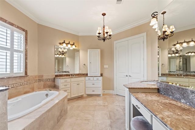 229 Lakeside Dr, Malakoff, TX 75148 - bathroom with a chandelier, ornamental molding, a garden tub, and two vanities