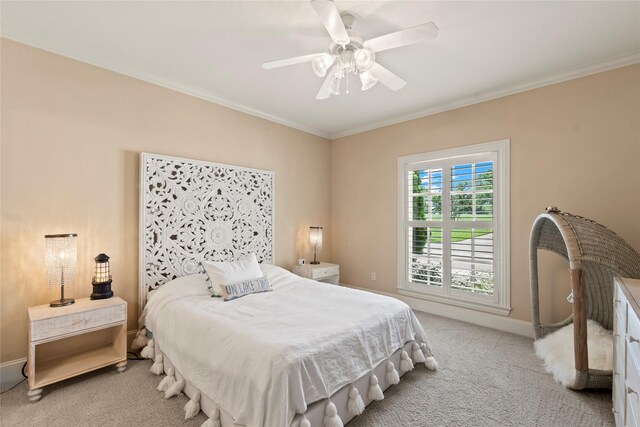 229 Lakeside Dr, Malakoff, TX 75148 - bedroom featuring light colored carpet, ornamental molding, and ceiling fan