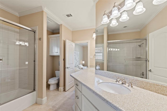 229 Lakeside Dr, Malakoff, TX 75148 - bathroom featuring vanity, tile patterned floors, shower / bath combination with glass door, and ornamental molding