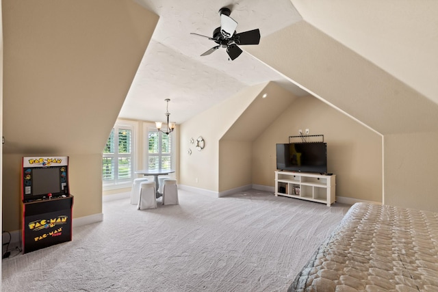 229 Lakeside Dr, Malakoff, TX 75148 - bedroom featuring vaulted ceiling, carpet, and a chandelier
