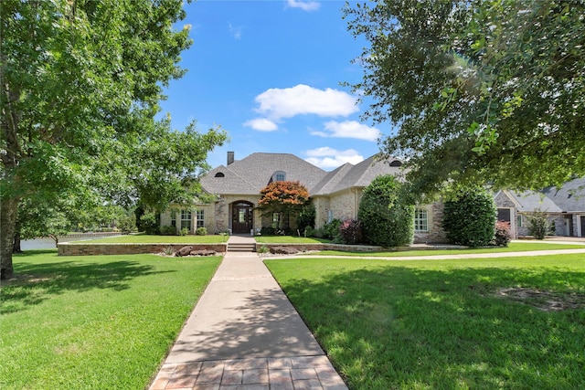 229 Lakeside Dr, Malakoff, TX 75148 - french country inspired facade with stone siding, a front yard, and a chimney