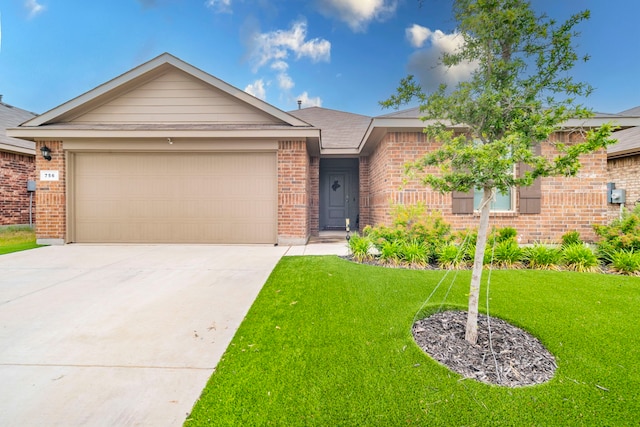 756 Loomis Trl, Justin, TX 76247 - ranch-style home with brick siding, a front lawn, concrete driveway, and a garage