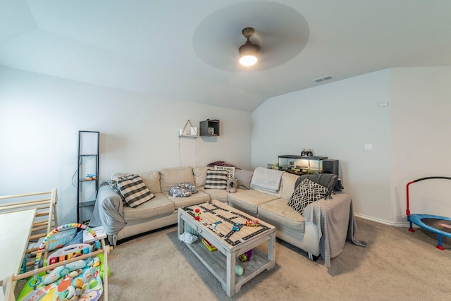 756 Loomis Trl, Justin, TX 76247 - living area with a ceiling fan, light colored carpet, and vaulted ceiling