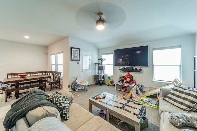 756 Loomis Trl, Justin, TX 76247 - living room featuring ceiling fan, plenty of natural light, light carpet, and recessed lighting