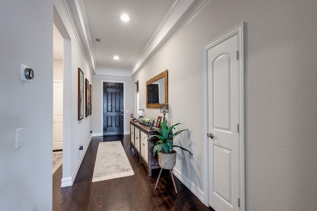 1728 Karma Dr, Wylie, TX 75098 - hallway featuring crown molding and dark wood-type flooring