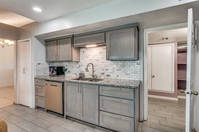 3412 Forest Creek Dr, Fort Worth, TX 76123 - kitchen featuring stainless steel dishwasher, tasteful backsplash, light stone countertops, and gray cabinetry
