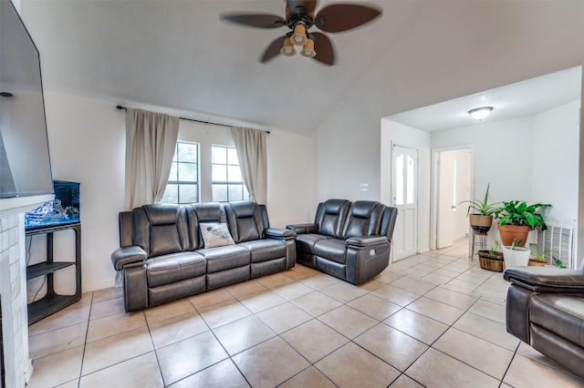 3412 Forest Creek Dr, Fort Worth, TX 76123 - living room featuring a ceiling fan, light tile patterned floors, and vaulted ceiling