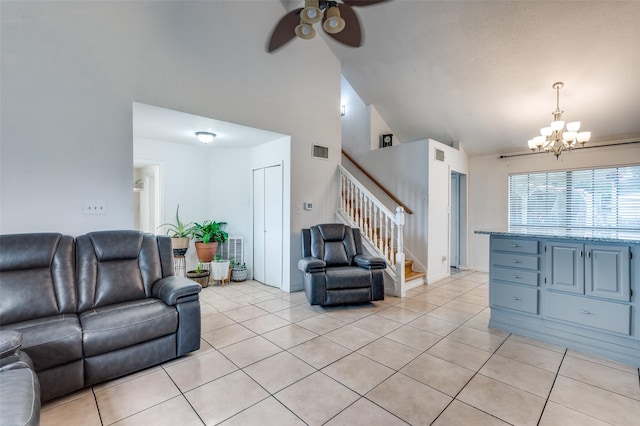 3412 Forest Creek Dr, Fort Worth, TX 76123 - living area with a chandelier, stairs, light tile patterned flooring, ceiling fan, and high vaulted ceiling