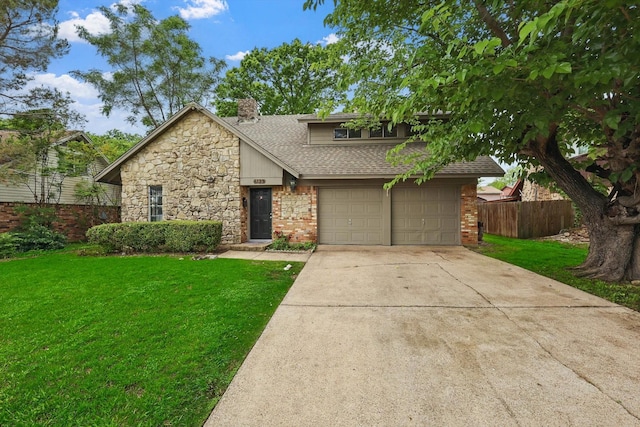6123 Moonglow Dr, Dallas, TX 75241 - mid-century inspired home featuring a chimney, driveway, stone siding, roof with shingles, and an attached garage