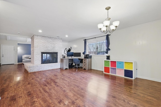 6123 Moonglow Dr, Dallas, TX 75241 - office space with a chandelier, wood finished floors, and a fireplace
