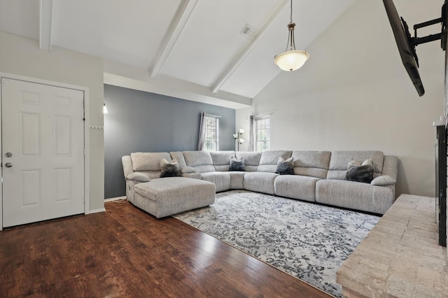 6123 Moonglow Dr, Dallas, TX 75241 - living room with dark wood-style flooring, beam ceiling, and high vaulted ceiling