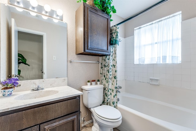 9662 Bryson Dr Unit A, Dallas, TX 75238 - bathroom with vanity, shower / bathtub combination with curtain, and a textured wall