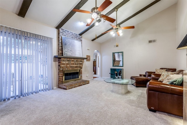 9662 Bryson Dr Unit A, Dallas, TX 75238 - living room featuring carpet flooring, arched walkways, beamed ceiling, ceiling fan, and high vaulted ceiling