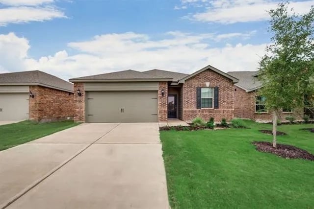 220 Aaron St, Anna, TX 75409 - ranch-style home with brick siding, a garage, driveway, and a front lawn