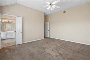 5729 Blackmon Ct, Fort Worth, TX 76137 - unfurnished bedroom featuring carpet floors, vaulted ceiling, and ensuite bath