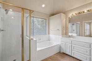 5729 Blackmon Ct, Fort Worth, TX 76137 - bathroom featuring a stall shower, vanity, and a garden tub