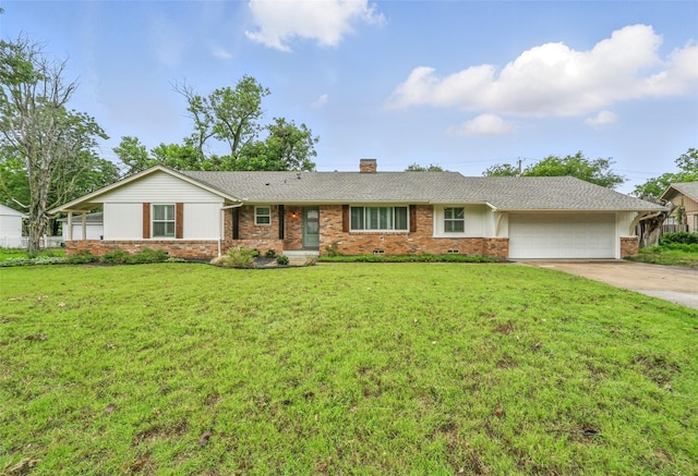 2705 Shelby St, Garland, TX 75041 - ranch-style house with a garage, a chimney, brick siding, driveway, and a front lawn