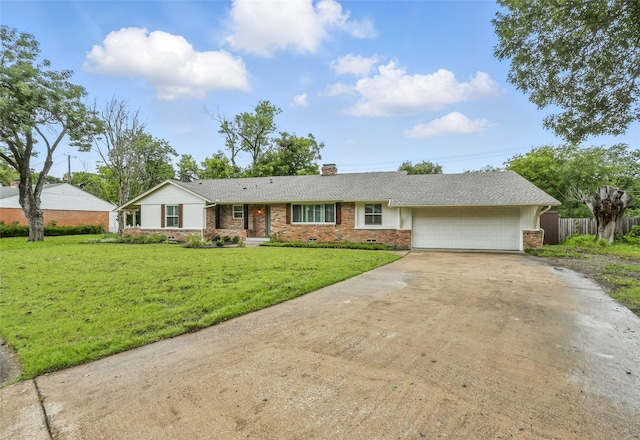 2705 Shelby St, Garland, TX 75041 - ranch-style home with a garage, a chimney, concrete driveway, and brick siding