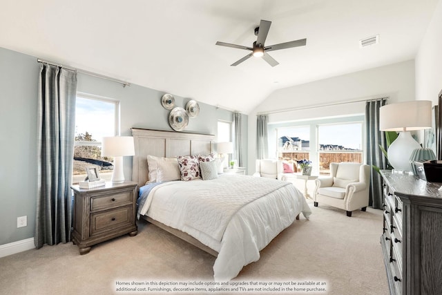 3803 Hidden Cove Ct, Rockwall, TX 75032 - bedroom featuring light carpet, vaulted ceiling, and a ceiling fan