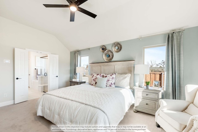 3803 Hidden Cove Ct, Rockwall, TX 75032 - bedroom featuring light colored carpet, lofted ceiling, ensuite bathroom, and ceiling fan