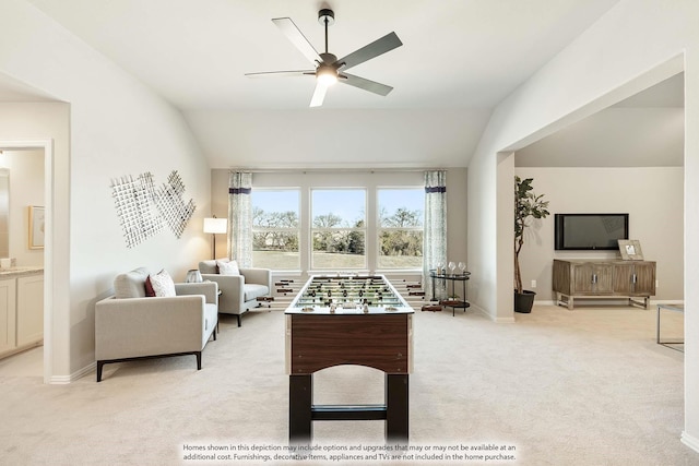 3803 Hidden Cove Ct, Rockwall, TX 75032 - game room with lofted ceiling, a ceiling fan, and light carpet