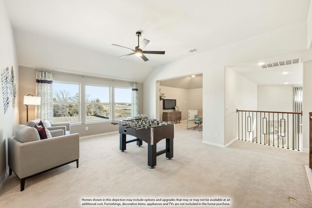 3803 Hidden Cove Ct, Rockwall, TX 75032 - rec room with a ceiling fan, vaulted ceiling, and carpet