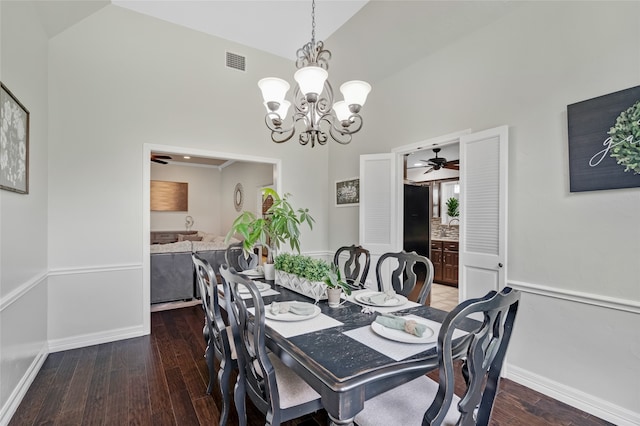 2900 Trail Lake Dr, Grapevine, TX 76051 - dining room featuring high vaulted ceiling, wood finished floors, a chandelier, and a ceiling fan