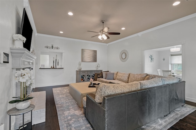 2900 Trail Lake Dr, Grapevine, TX 76051 - living room featuring ceiling fan, ornamental molding, dark wood-type flooring, and recessed lighting