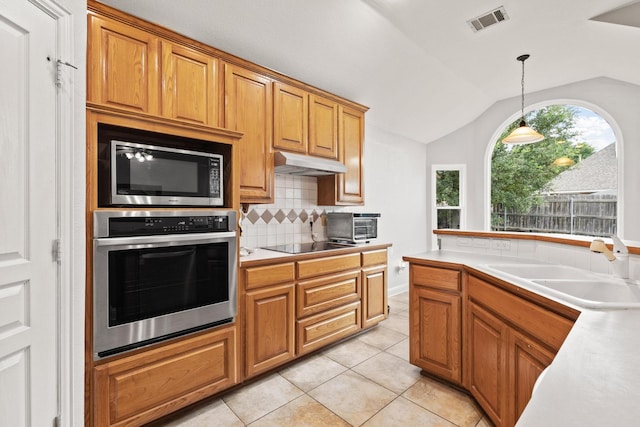 2009 Lake Fork Ct, Denton, TX 76210 - kitchen with appliances with stainless steel finishes, under cabinet range hood, tasteful backsplash, vaulted ceiling, and light countertops