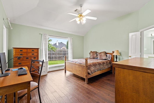 2009 Lake Fork Ct, Denton, TX 76210 - bedroom with vaulted ceiling, dark wood-style floors, an office area, and ceiling fan