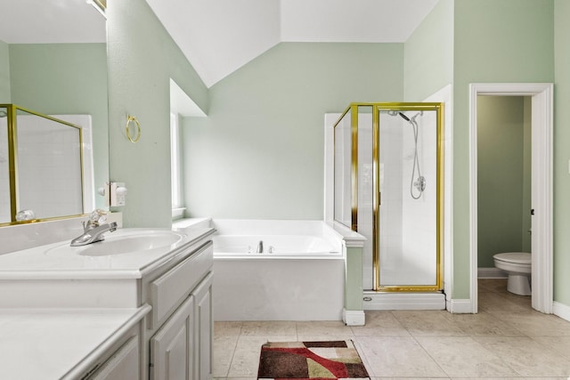 2009 Lake Fork Ct, Denton, TX 76210 - full bathroom featuring a garden tub, a stall shower, vanity, vaulted ceiling, and tile patterned floors