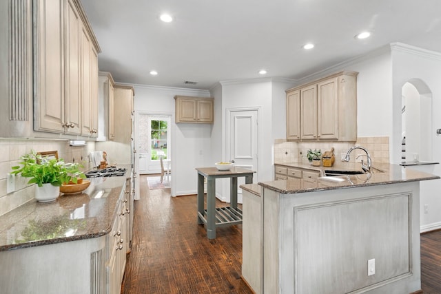 6154 Vickery Blvd, Dallas, TX 75214 - kitchen with a peninsula, stone counters, dark wood-style floors, recessed lighting, and ornamental molding