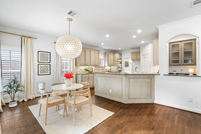 6154 Vickery Blvd, Dallas, TX 75214 - dining area with crown molding, recessed lighting, and dark wood-style floors