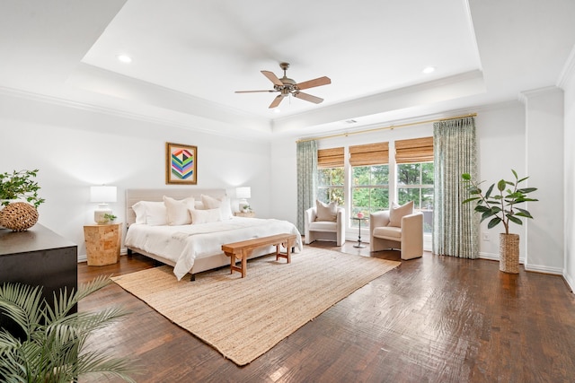 6154 Vickery Blvd, Dallas, TX 75214 - bedroom featuring a raised ceiling, dark wood-type flooring, crown molding, recessed lighting, and a ceiling fan