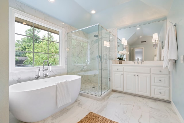 6154 Vickery Blvd, Dallas, TX 75214 - bathroom featuring a freestanding bath, vanity, a marble finish shower, marble finish flooring, and recessed lighting